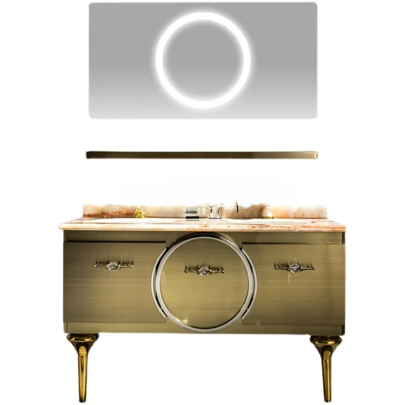 

Light luxury stainless steel bathroom cabinet combination custom wabi sabi wind gold double basin marble