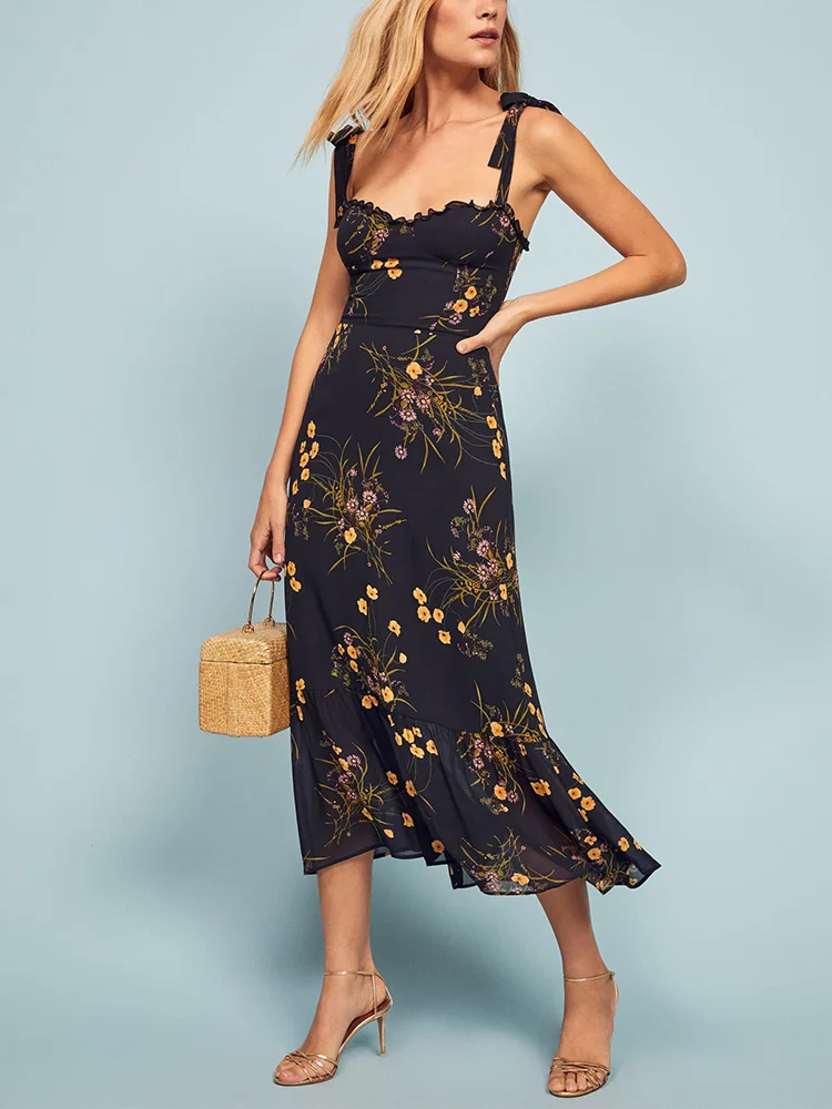 Dresses For Women 2022 Elegant Vintage Floral Dress Frill Sweetheart Neck Sleeveless Strap Tie Ruffle Hem Summer Beach Dress