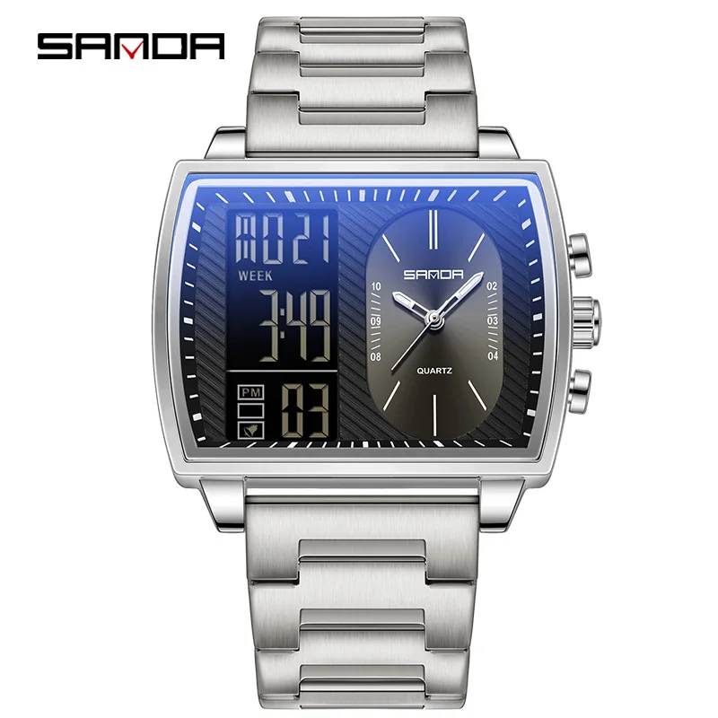 SANDA 6238 Мужские кварцевые часы Модный тренд Ремешок из нержавеющей стали Многофункциональные часы с двойным дисплеем