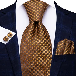 Hi-Tie Designer Gold Brown Plaid Elegant Men Tie Jacquard Necktie Accessory Cravat Wedding Business Party Hanky Cufflinks Set