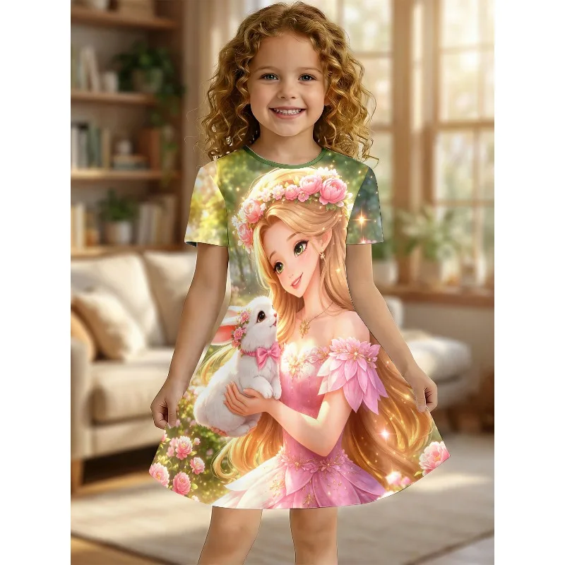 Girl's Long Haired Princess and Rabbit Print Pink and Green Short Sleeved T-shirt Dress Suitable for Birthday Parties or Gifts view 2