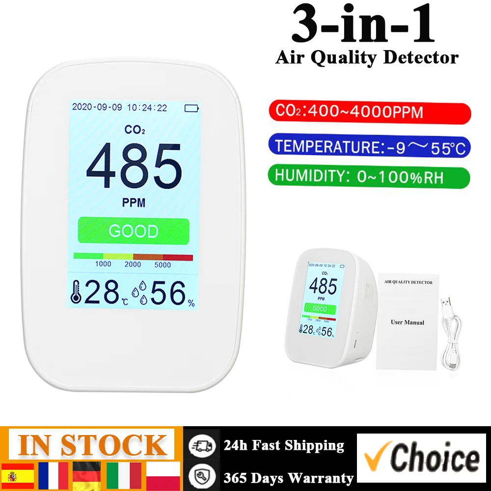 Desktop CO2/RH/Temp 3-in-1 Multifunctional Air Quality Detector Indoor/Outdoor CO2 Meter Temperature Humidity Monitor CO2 Tester