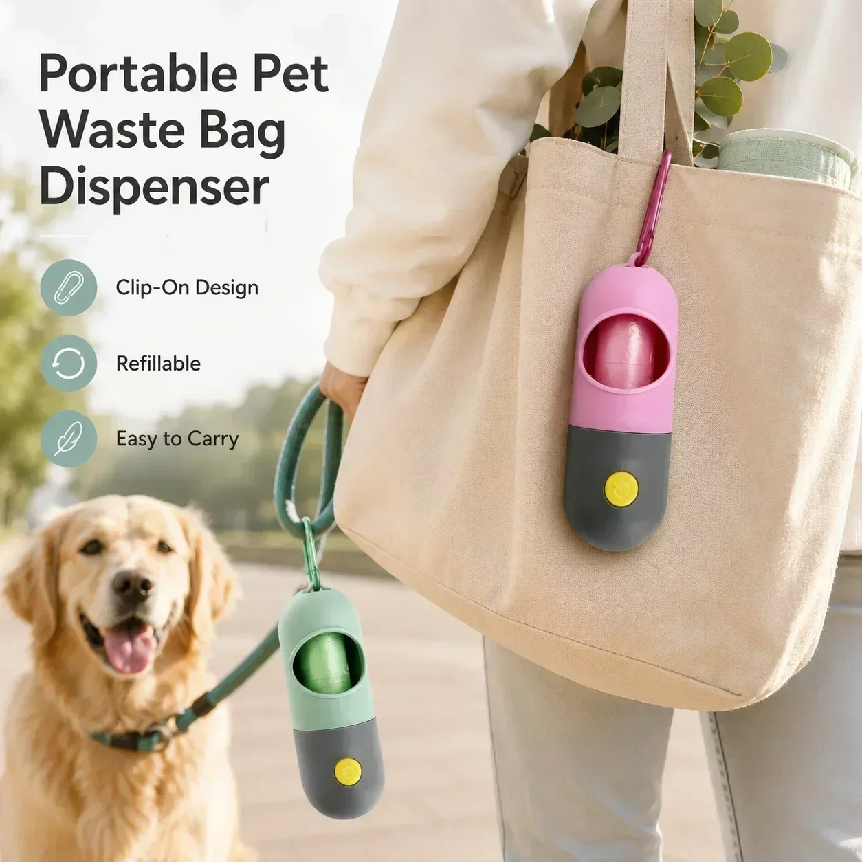 2-in-1 LED Poop Bag Dispenser, Capsule Waste Holder with Flashlight for Night Dog Walks, Leash Clip Included