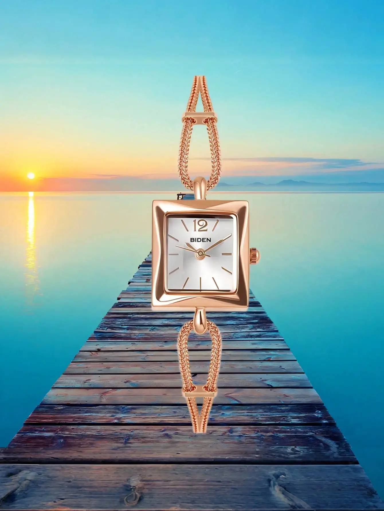 

Кварцевые часы с квадратным циферблатом цвета розового золота и плетеным ремешком для женщин