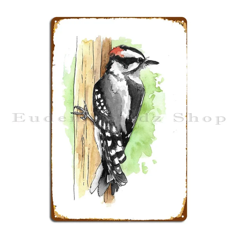 Watercolor Downy Woodpecker Metal Sign Kitchen Wall Decor Rusty Custom Garage Tin Sign Poster