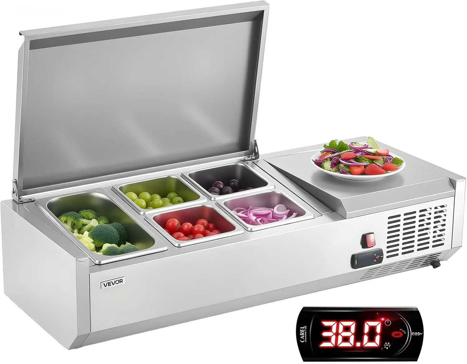 

Refrigerated Condiment Prep Station, 120 W Countertop Refrigerated Condiment Station, with One 1/3 Pan & Four 1/6 Pans, 304 Stai