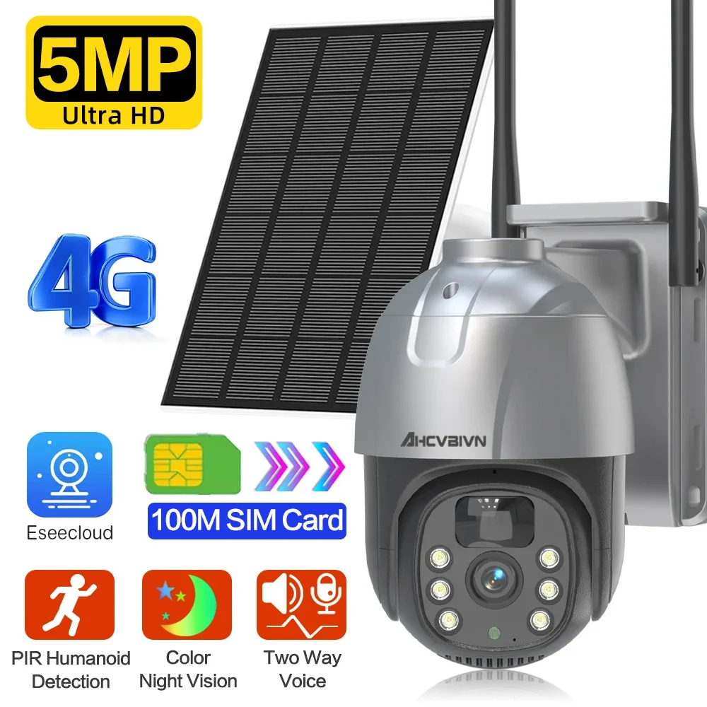 Cámara IP PTZ Solar de 5MP y 4G para exteriores, videocámara inalámbrica de vigilancia CCTV con visión nocturna a Color, batería recargable, cámara de seguridad PTZ