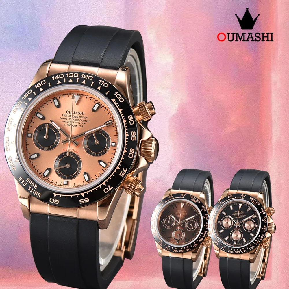 39mm VK63 Watch Men's Quartz Timing Code Rose Gold Watch Stainless Steel Sapphire Glass Waterproof Case Rubber Strap VK63 Watch