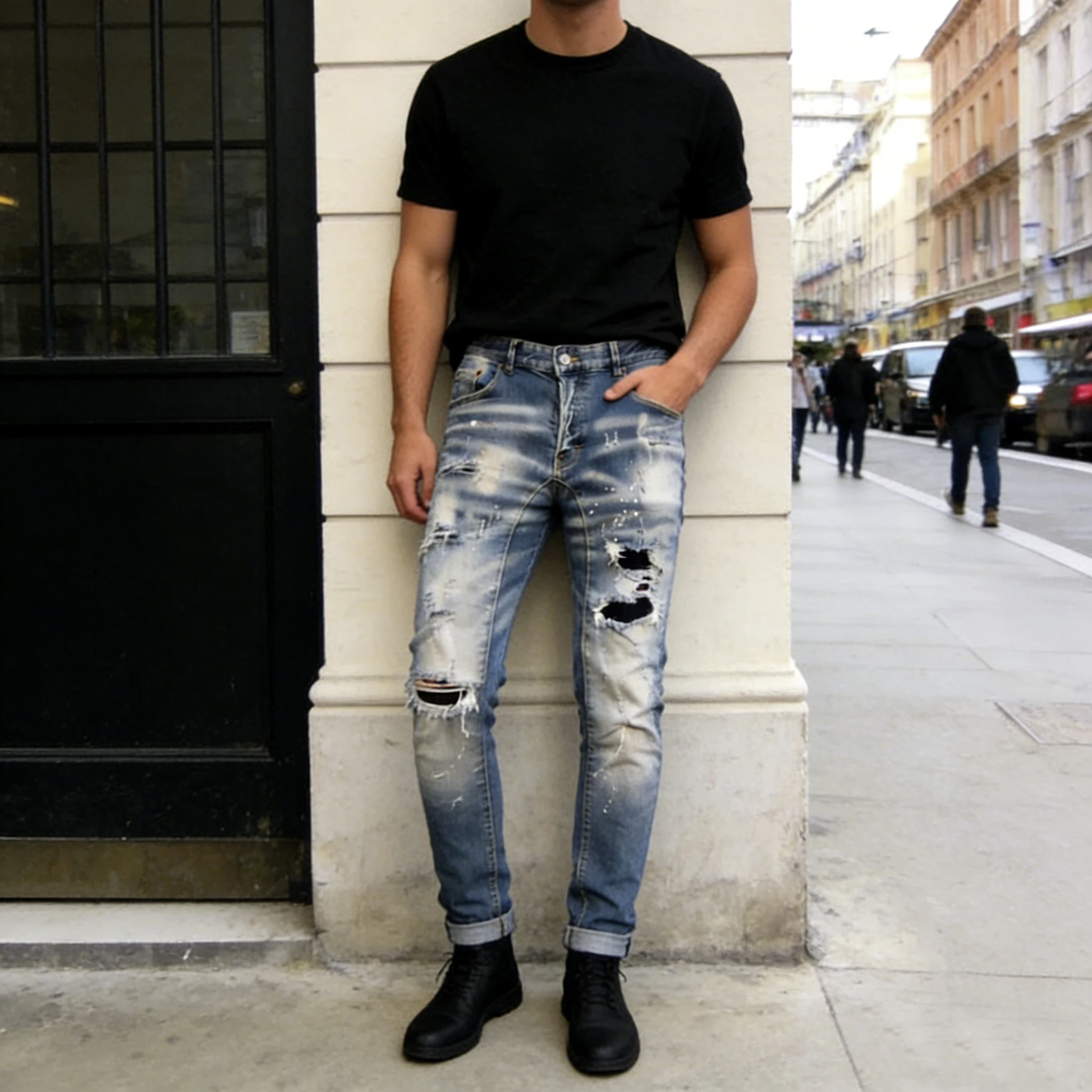 

Men's Spring and Summer Jeans Trendy Brand High Street Slimming Stretch Straight Pants Denim Blue Splash Ink Design Pants