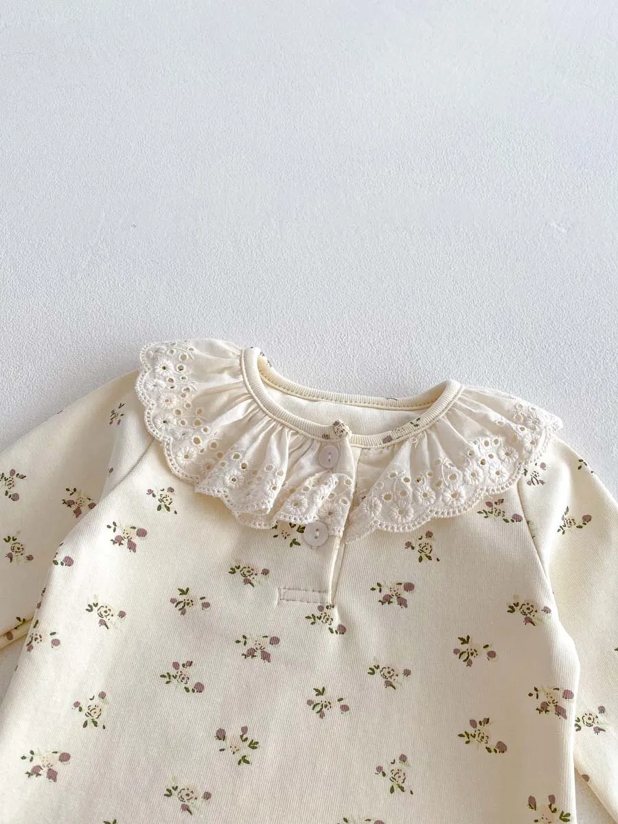 Ins Baby Spring and Autumn Children\'s Small Floral Baby suit Women\'s Lace Ruffle Collar Home Clothes 2 pces suit
