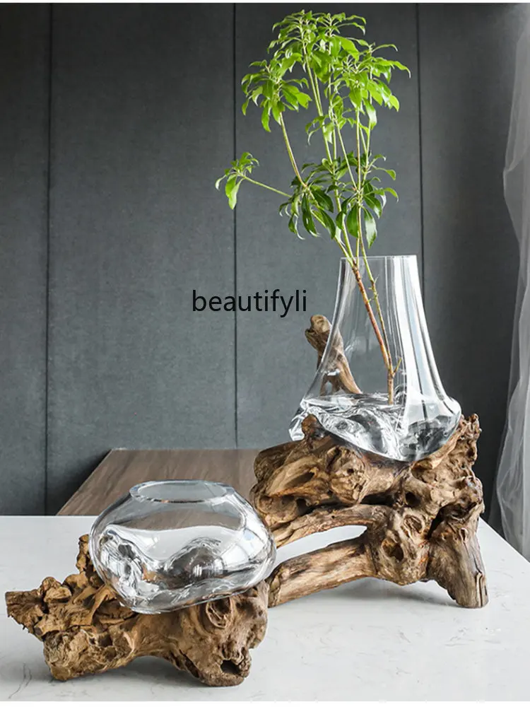 yj Modern Minimalist Floor Glass Vase Wood Root Carving Decoration High-End Decoration Fish Tank