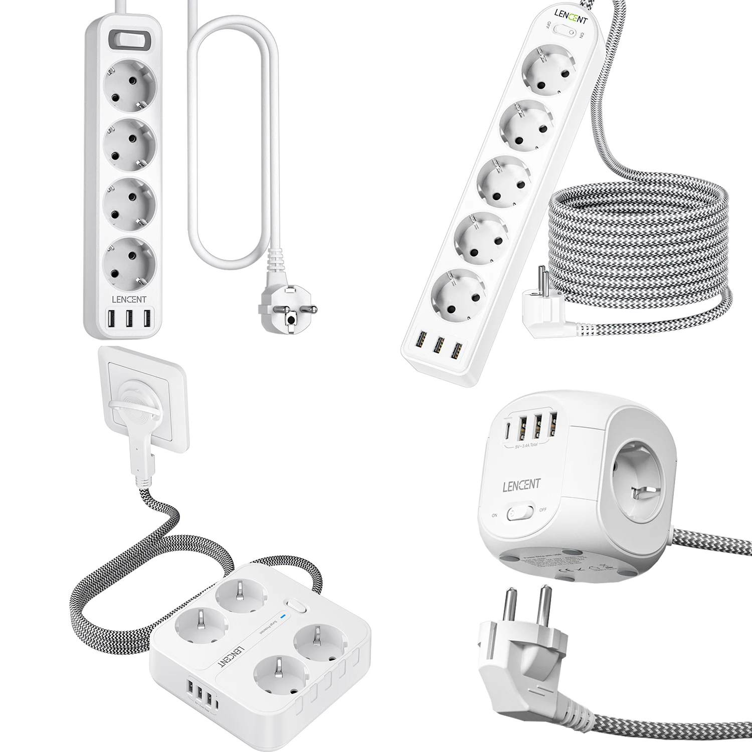 LENCENT EU Plug Power Strip Extender with 4 AC Outlets 3 USB-A Ports 1 Type-C Port with Switch For Home