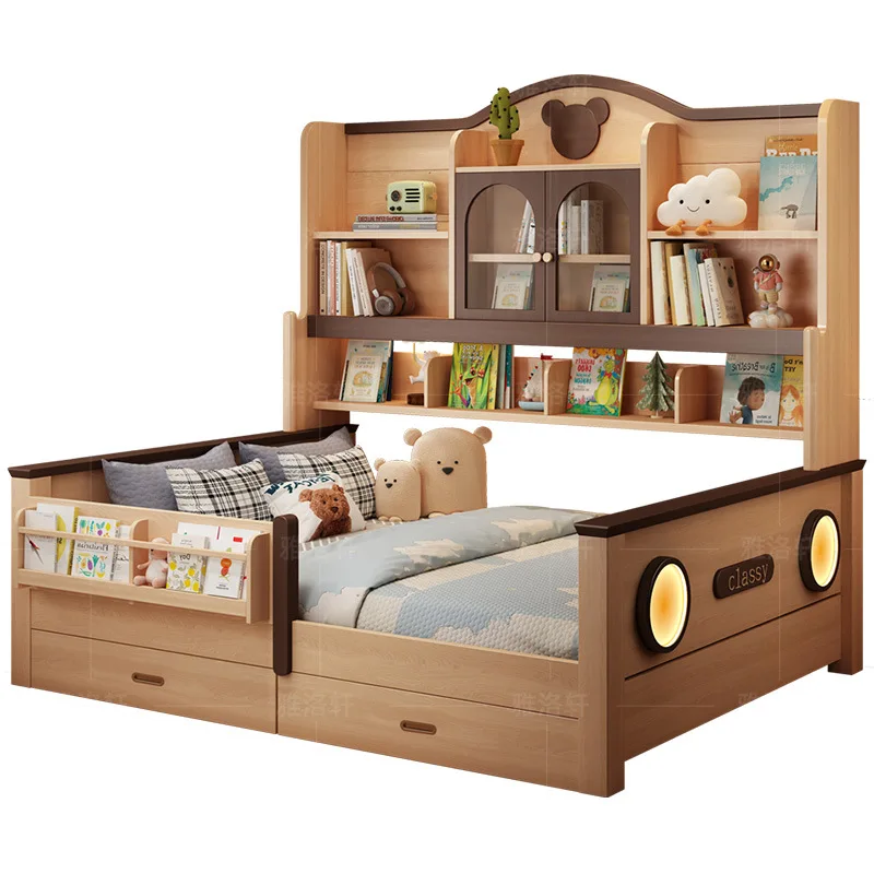 Log color solid wood children's bed boys and girls space saving bed under table wardrobe integrated storage combination