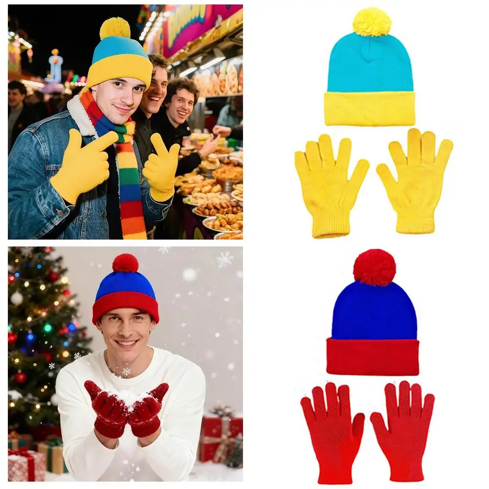 2 قطعة قبعة صغيرة عيد الميلاد وقفازات الربط الألوان خمسة أصابع قفازات الكلاسيكية محبوك طقم قبعات الفراء الكرة لينة الدفء قفازات