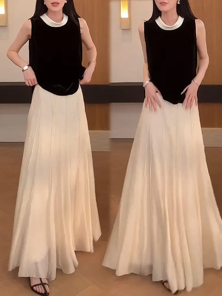 

Unique Beautiful Summer New Women's Set with Stand Collar Color Block Sleeveless Vest Pleated Skirt Two Pieces Casual Style