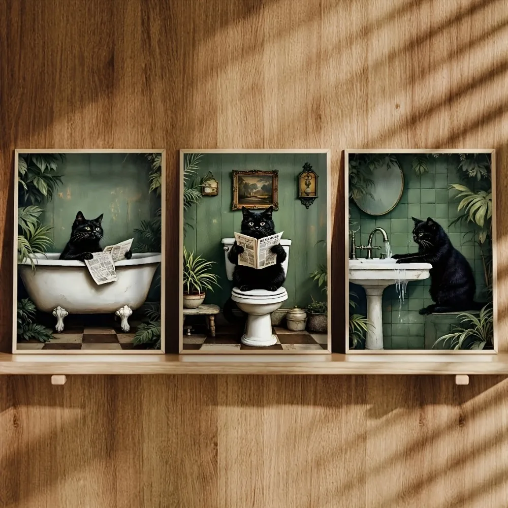 3pcs frameless Canvas Painting 3pcs Frameless Canvas Poster,Interesting Black Cat Bathroom Style Art Poster Prints,Wall Art Canv