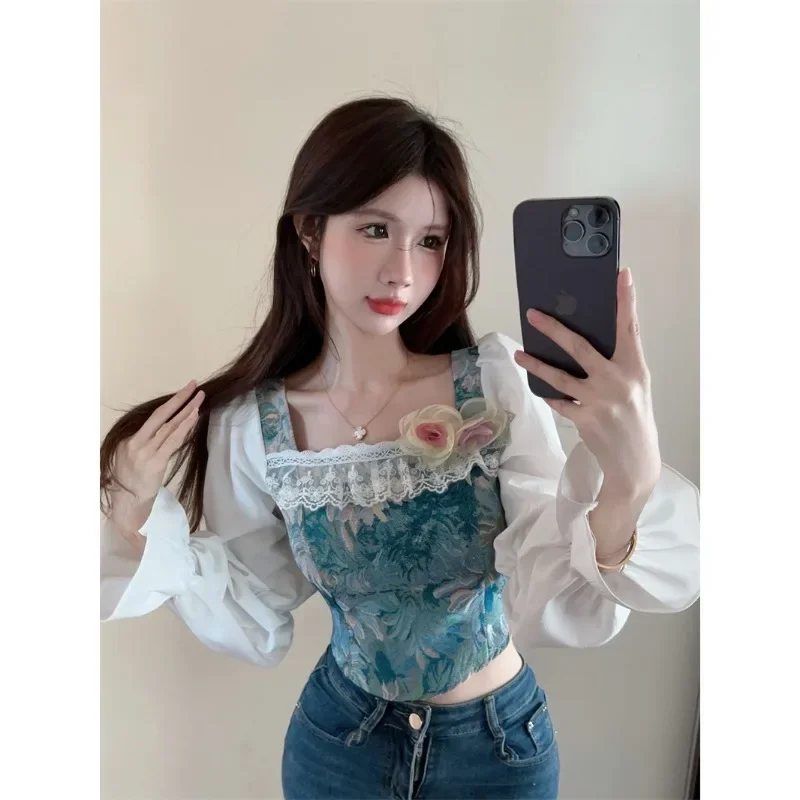 French Retro Temperament Lantern Sleeve Jacquard Shirt Women Square Neck Lace Patchwork Print Slim Spring Chic Gentle Female Top