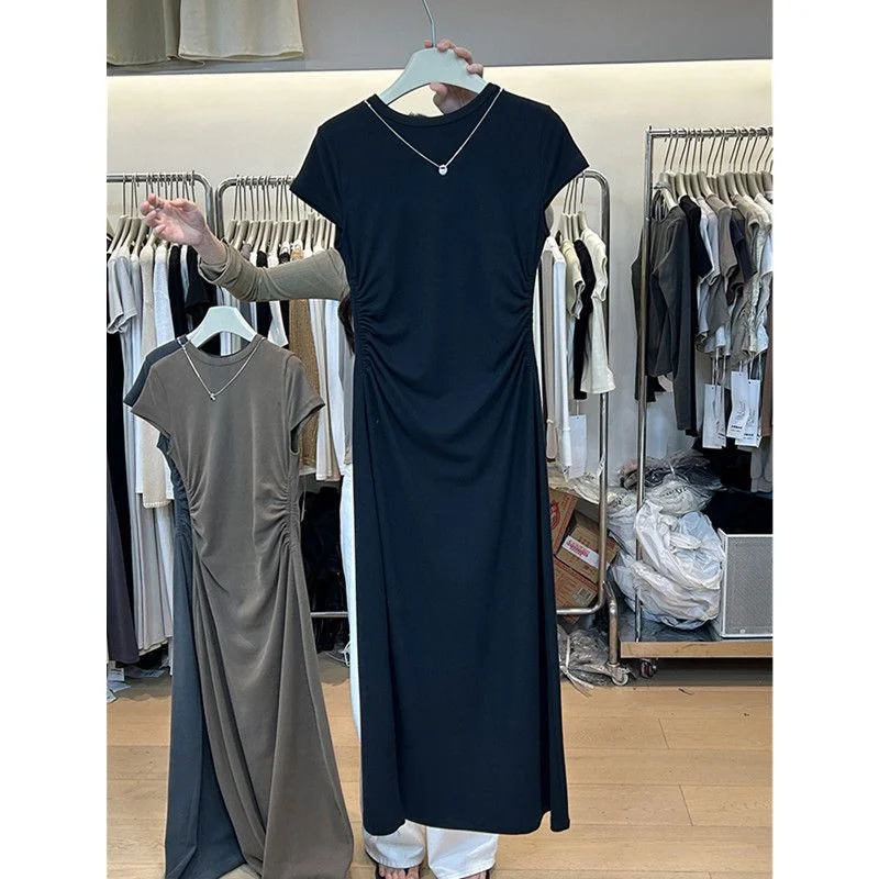 

plus Size 300 Pou Women's round Ne Gown Waist Cinched Summer Irregular Long Dr Korean Sle A-Line Casual Dr