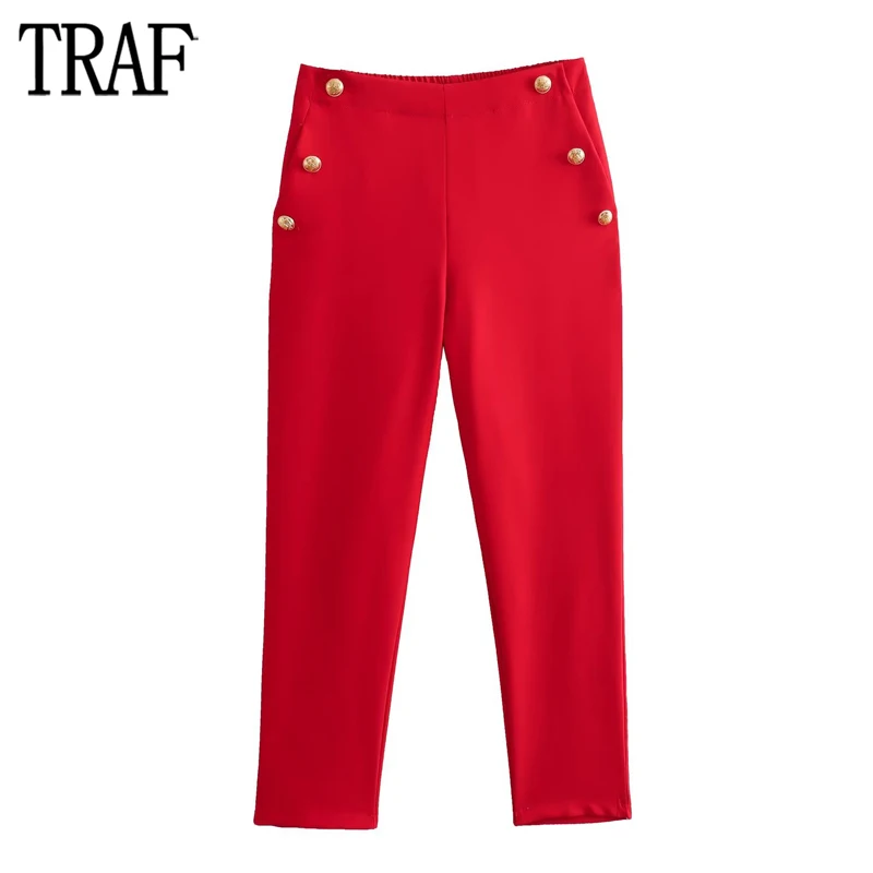 TRAF 2023 Pencil Pants for Women Red High Waist Pants Woman Gold Button Pleated Trousers Womens Autumn Office Women\'s Pants