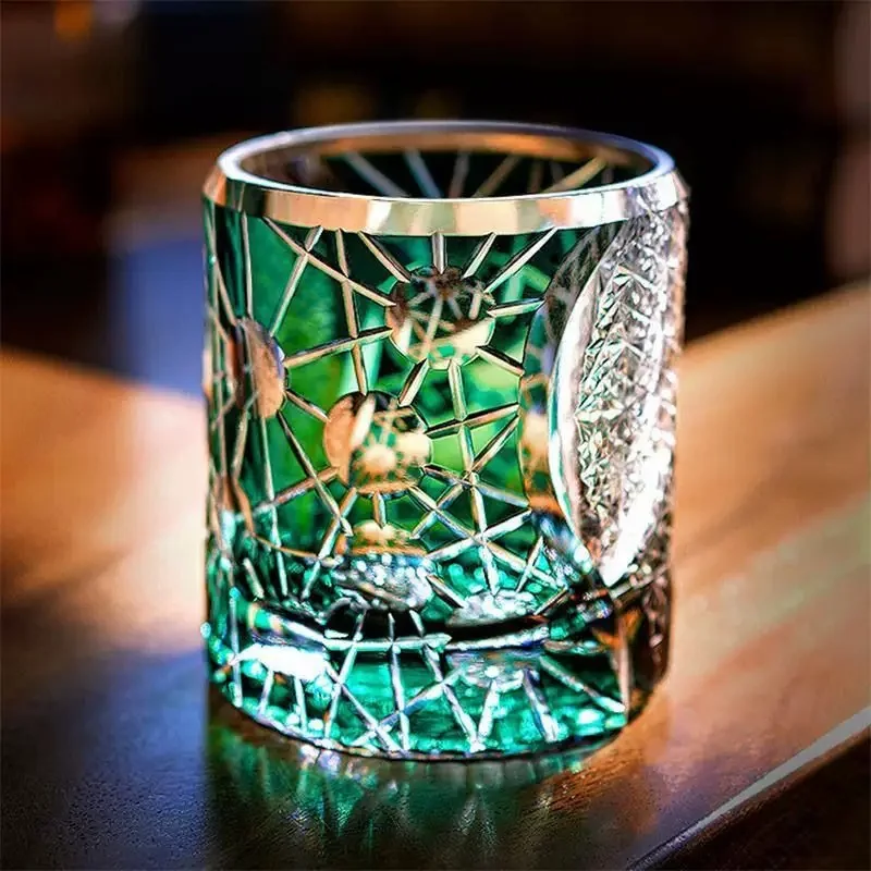 300ml Heavy Edo Kiriko Green Rocks Whiskey Glass Japanese Style Lowball Tumbler with Gift Box for Cocktail Lovers