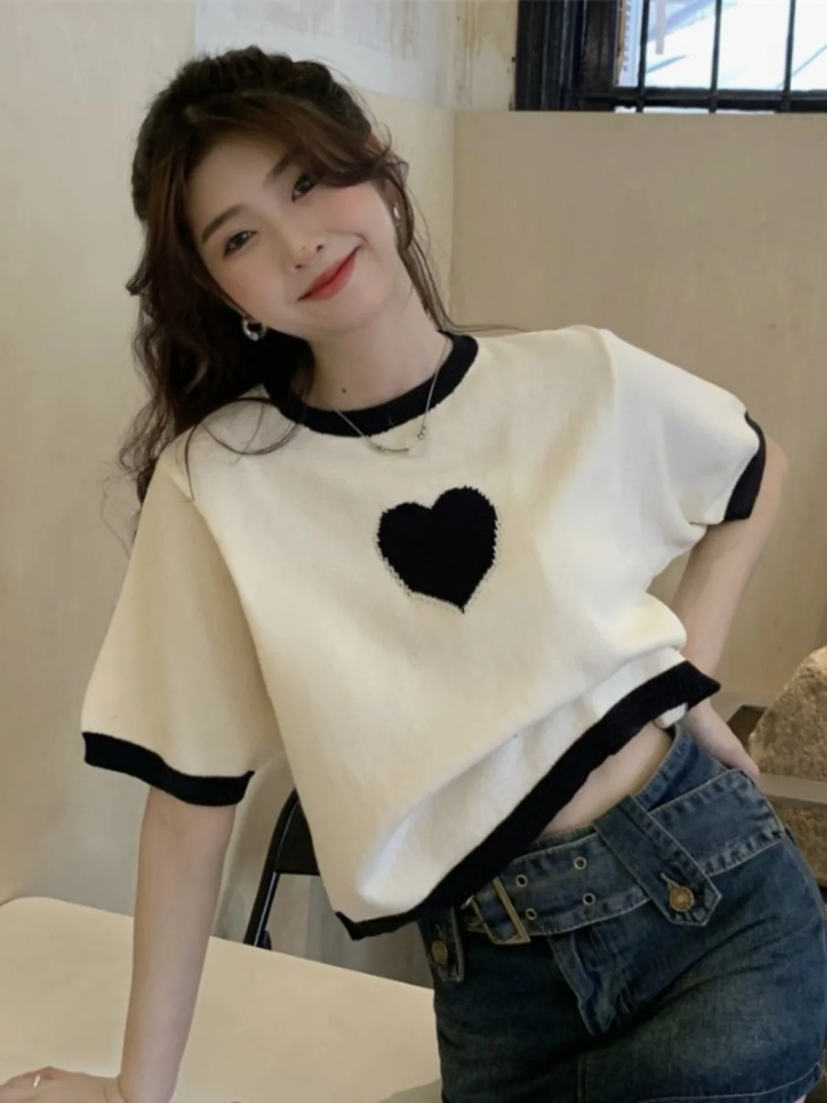Chic Short Sleeve White T-Shirt Women's Design Sensation Summer Waist Card Short Korean Style Fashionable Top Sweet Japanese ...