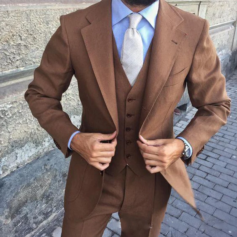 

Latest Design Brown Man Work Suit Groom Tuxedos Notch Lapel Mens Business Suits Wedding Dress Suit Sets (Jacket+Pants+Vest+Tie)