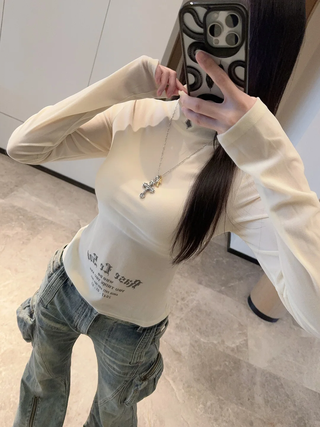 

Американская модная женская футболка с высоким воротником и длинным рукавом, облегающая, осенне-зимняя, с креативным принтом