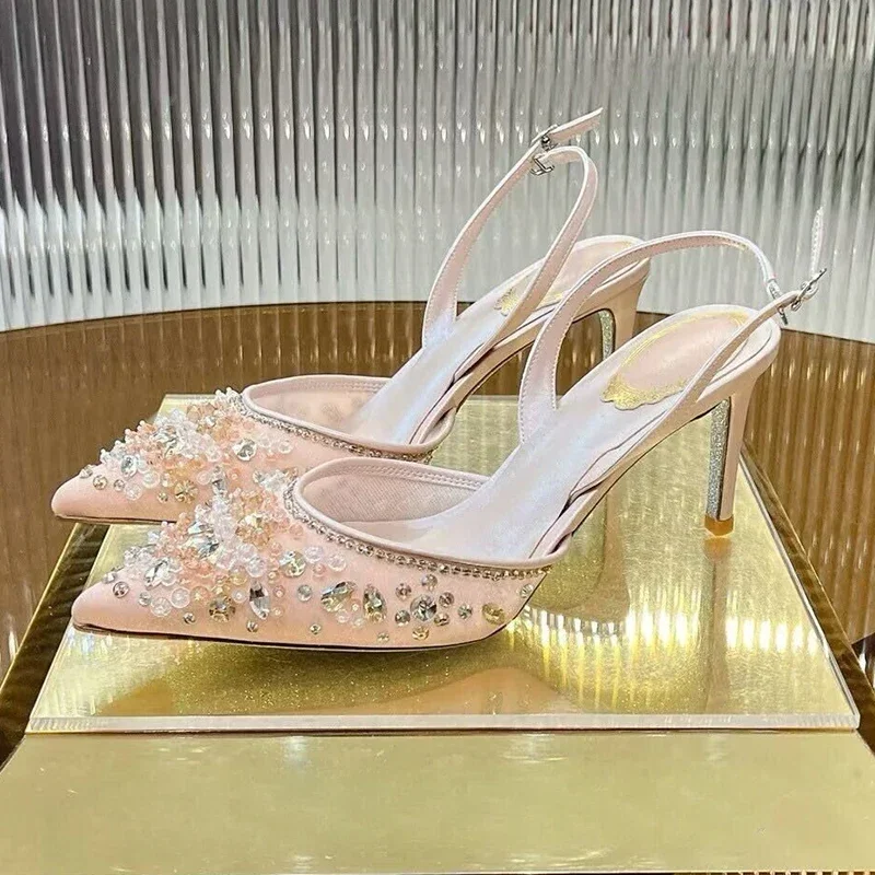 Bling Bling Rhinestone Thin High Heels Women Pumps Pointed Toe Back Strap Sandals Single Shoes Summer Sexy Banquet Wedding Shoes