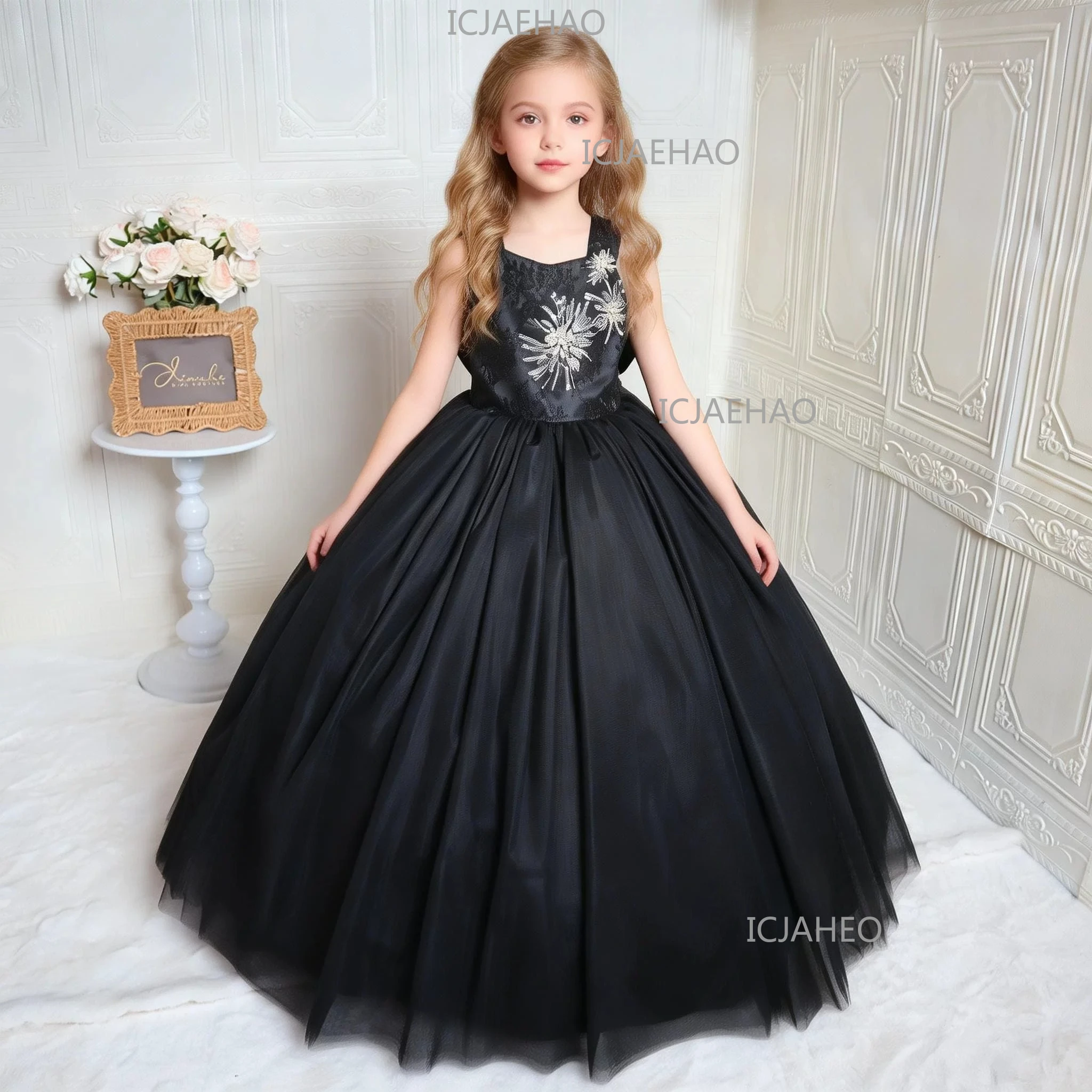Girls Mesh Spliced Embroidery Piano Art Exam Princess Dress Black Lace Spaghetti Strap Long Skirt  Evening Gown Satin Costume