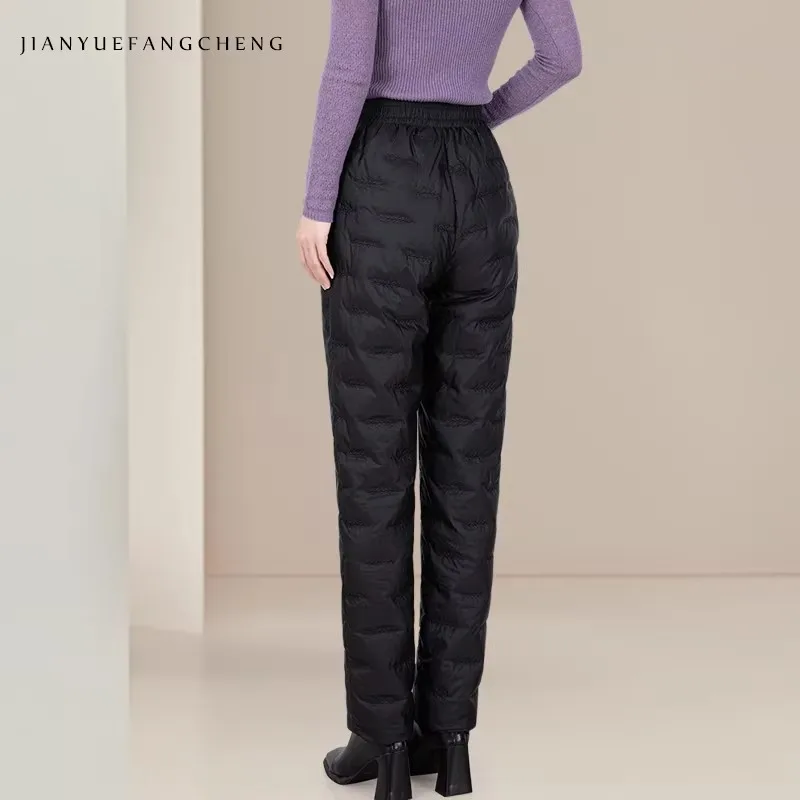 Fashion Women Winter Black Quilted Down Pants Warm White Duck Down Padded Puffer Trousers Elastic Waist Female Casual Pants