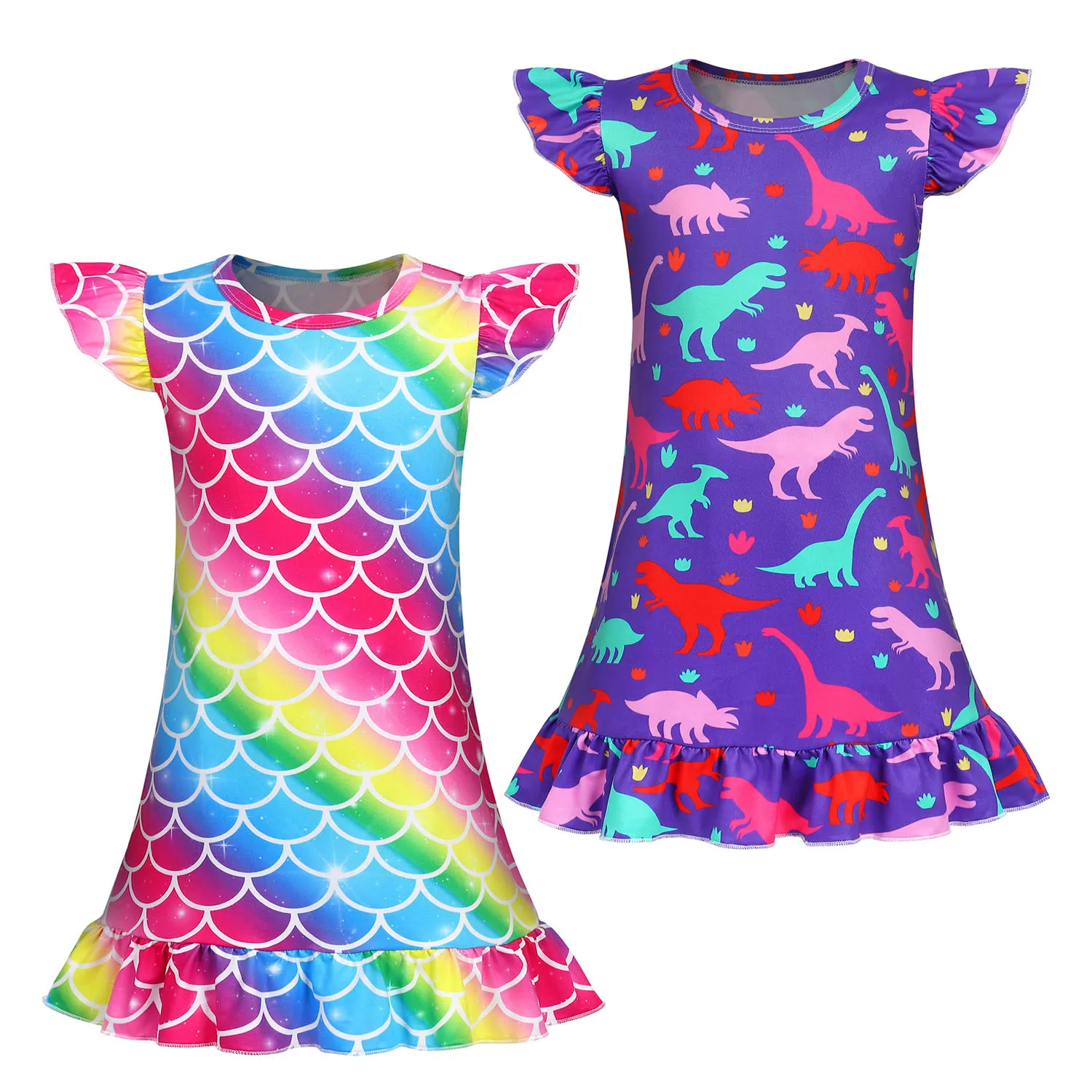 Girls Mermaid Nightgowns Kids Rainbow Nightie Nightdress Short Sleeve Nighties Dressing Child Sleeping Outfit