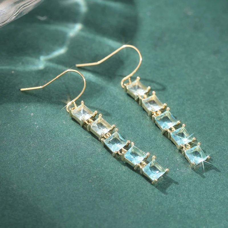 Exquisite Gold Color Sea Blue CZ Dangle Earrings Woman Square Party Daily Wear