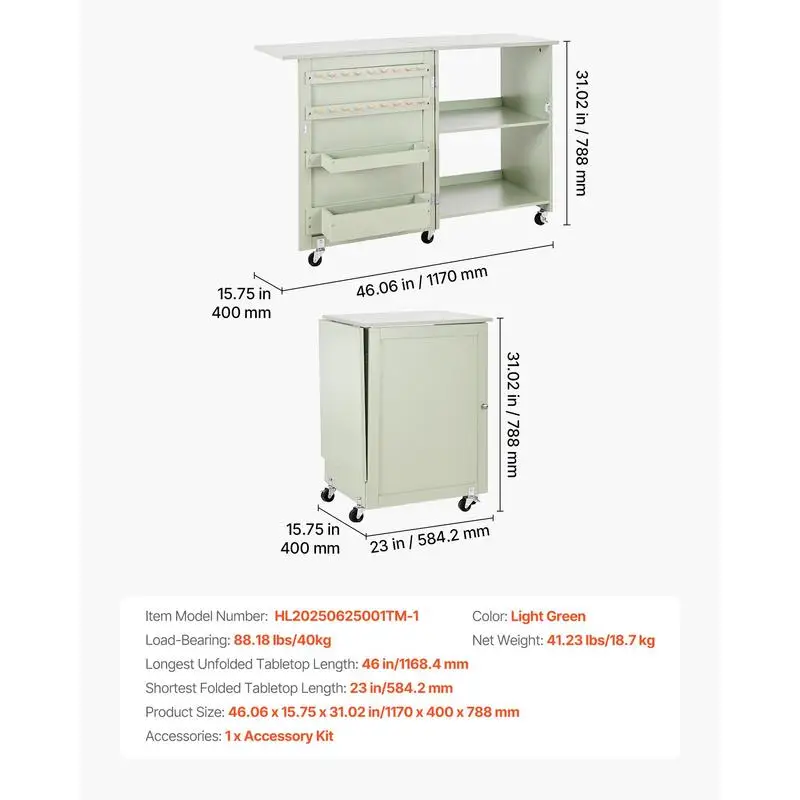 Folding Sewing Table, Multipurpose Sewing Machine Table with Compact Design, Wheels, Wooden Pegs, Storage Trays and Shelf, Magnetic Door Lock, Craft Station and Side Desk for Home, Light Green view 5