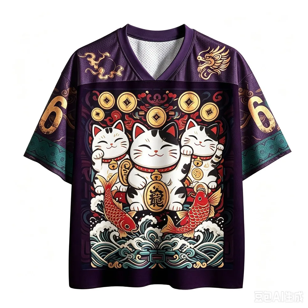 3D-Druck Herren Damen Japanische Glückskatze Maneki Neko Vollprint V-Ausschnitt Jersey T-Shirt Sommer Locker Lässig Streetwear Kurzarm-T-Shirt – Detail 5