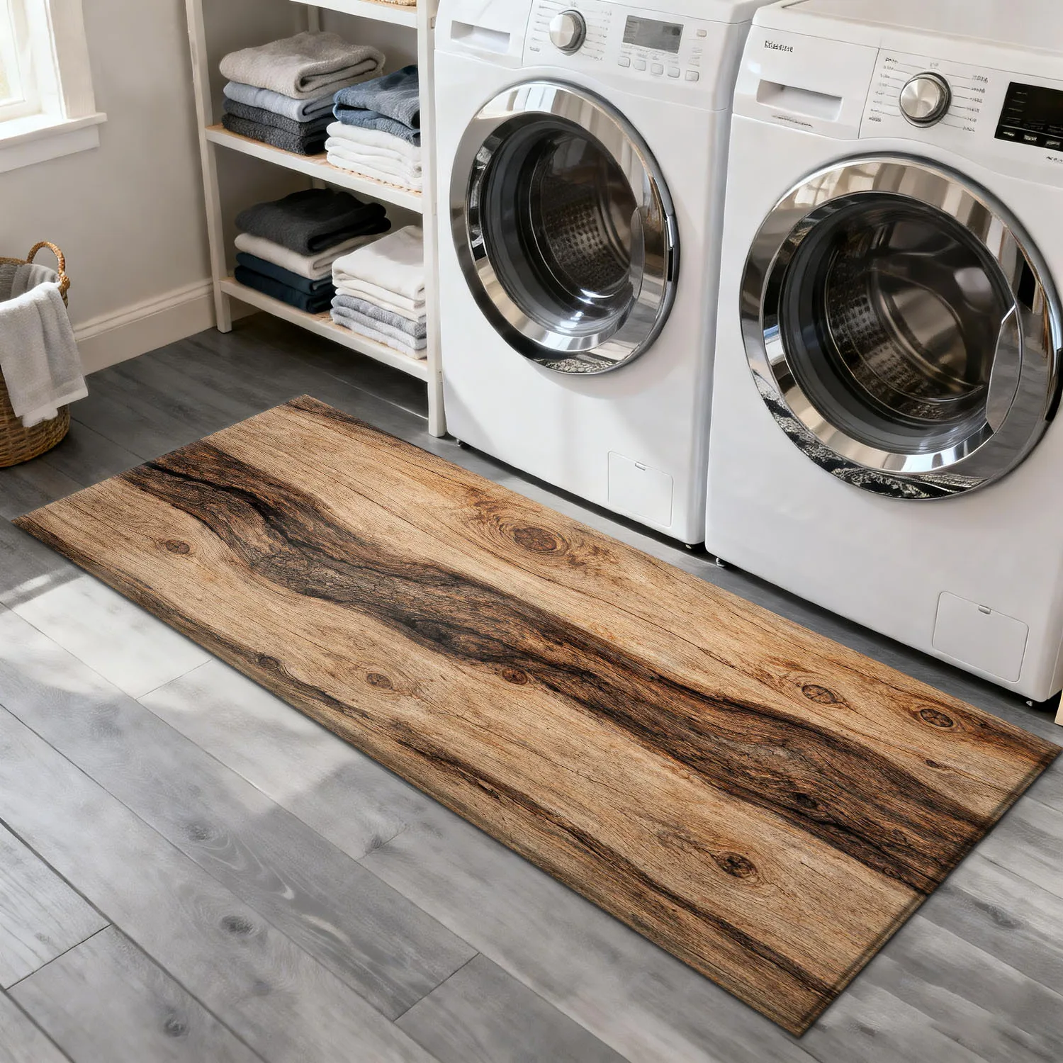 Vintage Natural Wood Grain Print Long Runner Rug, Rustic Oak Plank Pattern Non-Slip Absorbent Floor Mat for Hallway Entryway