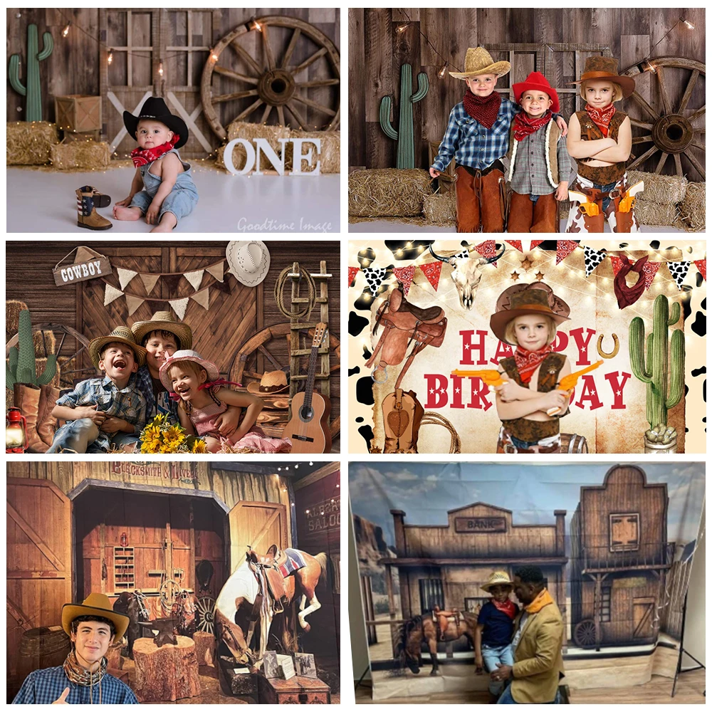 Western Cowboy Backdrop for Birthday Party Wild West Rustic Farm Barn Wooden House Kids Baby Portrait Photography Background