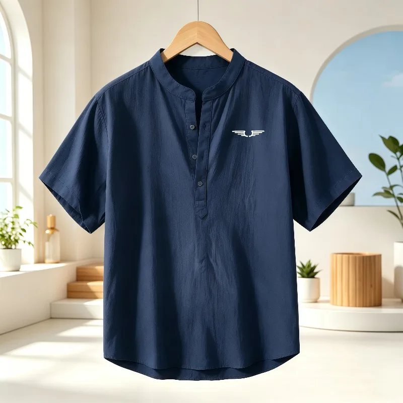 Men's cotton and linen Henley collar short sleeved shirt, pattern printed breathable casual top, loose stand collar lightweight view 5