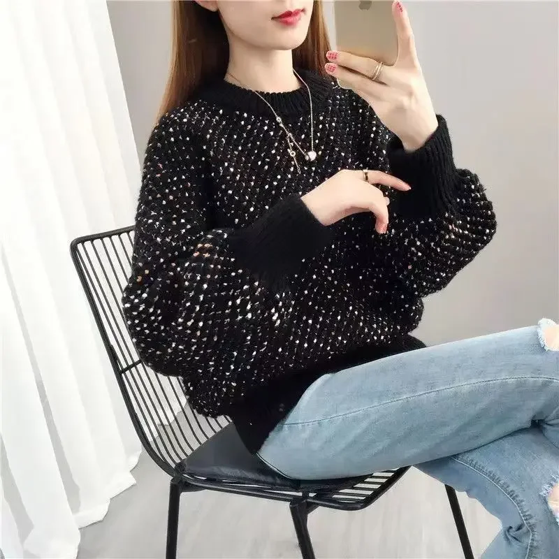 ラウンドネックのボトムスセーター、ゆったりとした着心地で、厚手のランタンスリーブセーター、新しいプルオーバー