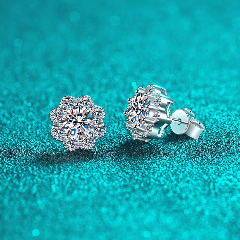 2CT Moissanite Stud Earrings, Platinum Pt950 Sparkling Flower Shaped Design, Hypoallergenic, Ideal for Daily Wear Fine Jewelry