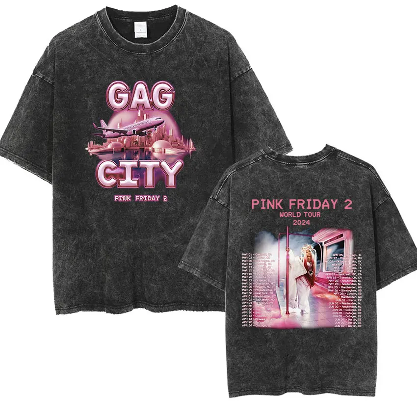 Nicki Minaj Vintage Washed T Shirt Gag City Pink Friday 2 World Tour 2024 Hip Hop Aesthetic T-shirt Men Women Oversized Clothing