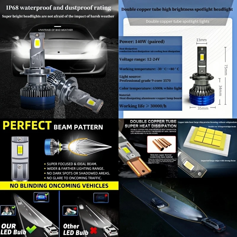 

2pcs LED Car Headlights H4 H7 H1 9005 9006 9012 H11 6500K Bright White Car Headlight LED Double Copper Tube High-power 12V/24V