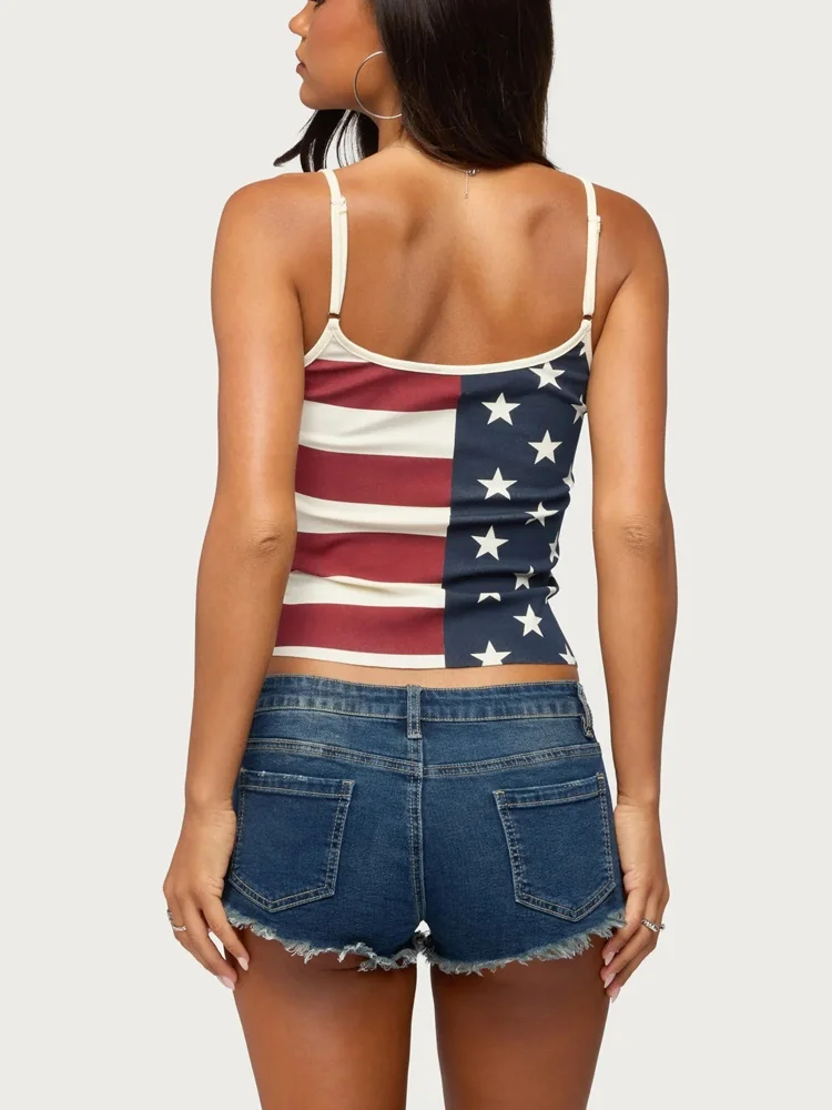 Ladies' Y2K Millennium style flag printed T-shirt, waist cinched spicy girl tight striped shorts, summer casual wear