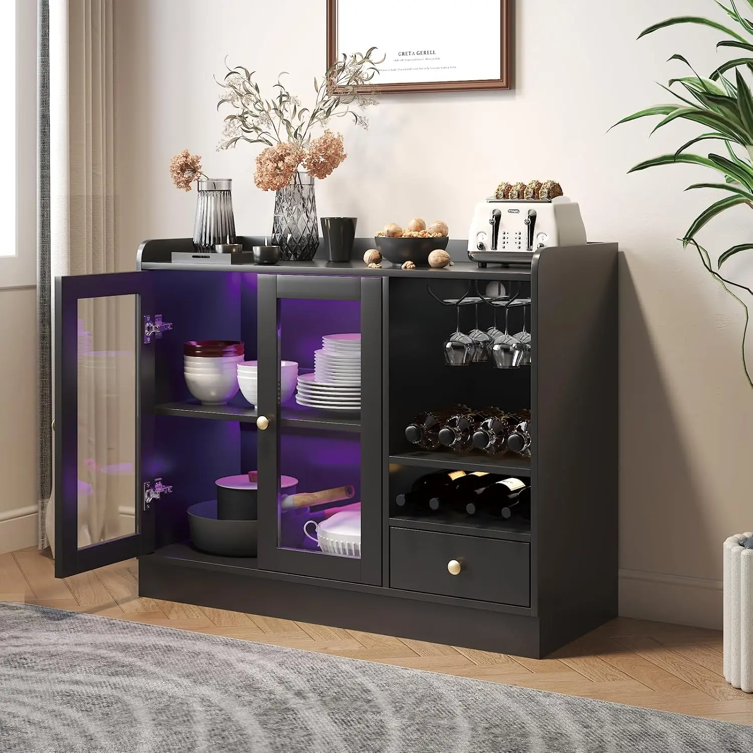 Wine Bar Cabinet with Acrylic Door, Glass Rack, LED Lights, Drawers, Storage for Kitchen Dining Living Room, Customized