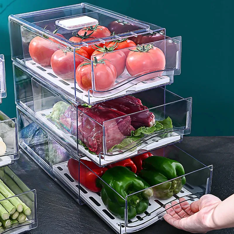 

1PC Refrigerator Organizer Bins Stackable Fridge Food Storage Box With Handle Clear Plastic Pantry Food Freezer Organizer Tool