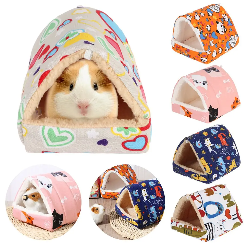 Pet Hamster Nest Semi-closed Velvet Warm Small Animal Cotton House Cartoon Pattern Guinea Pig Squirrel Cage Sleeping Bed