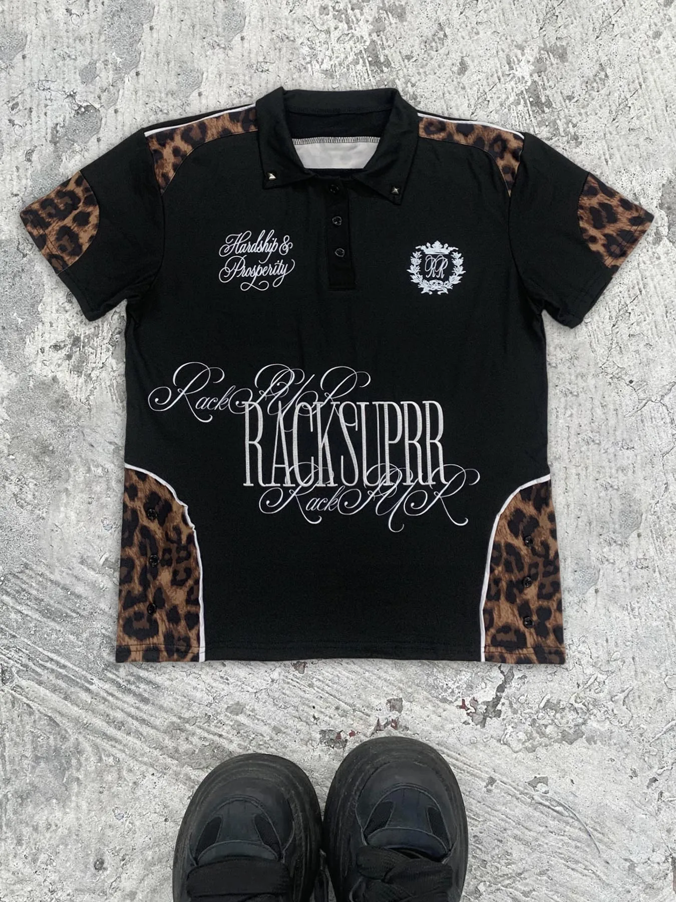 2026 New Summer Retro Punk Leopard Pattern Splicing Polo Shirt, Gothic Letter Printed Short Sleeve Collar, Street Trendy Casual