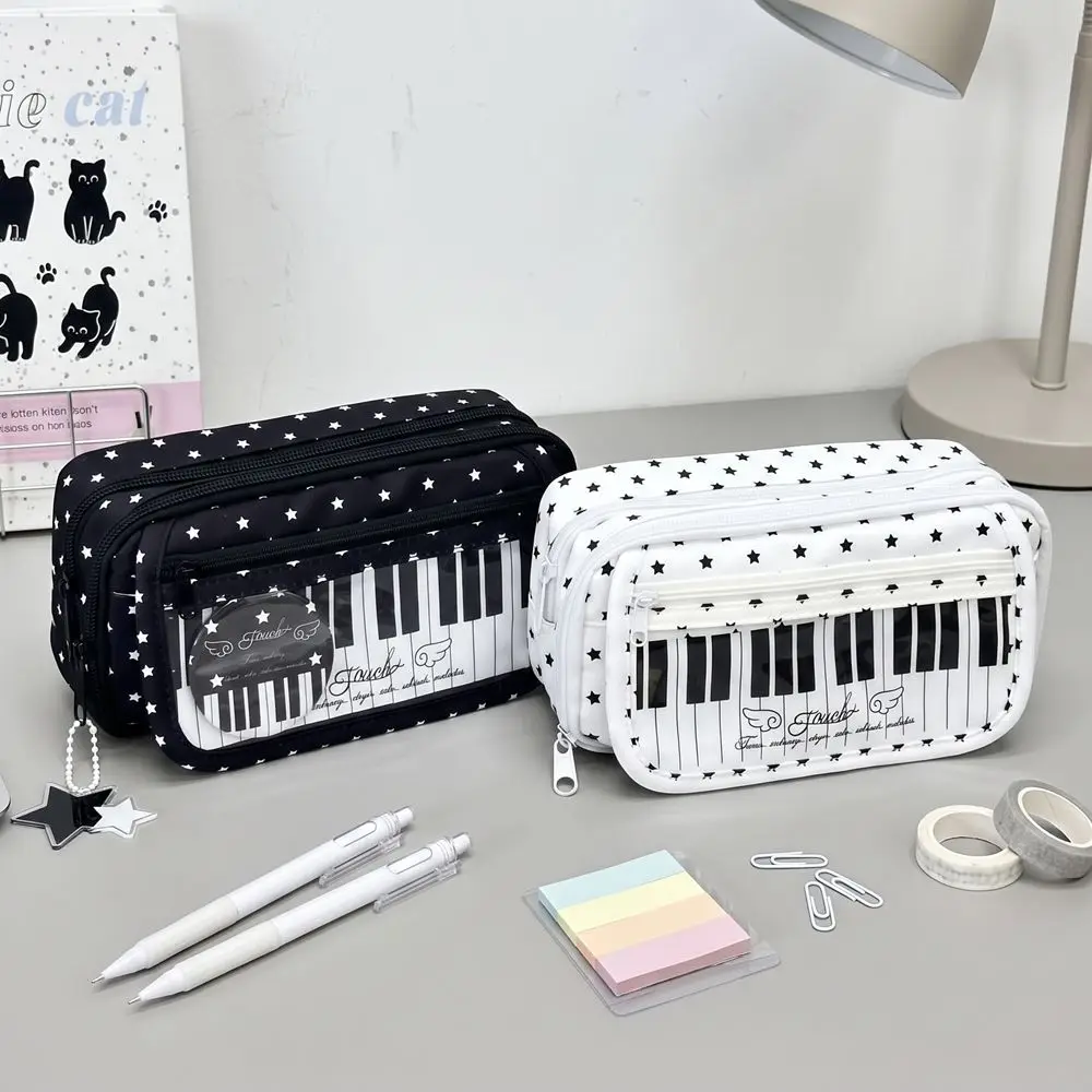 Large Capacity Piano Keyboard Pencil Case Sweet Cute Star Pencil Storage Bag DIY Ita Bag with Transparent Window Pen Organizer