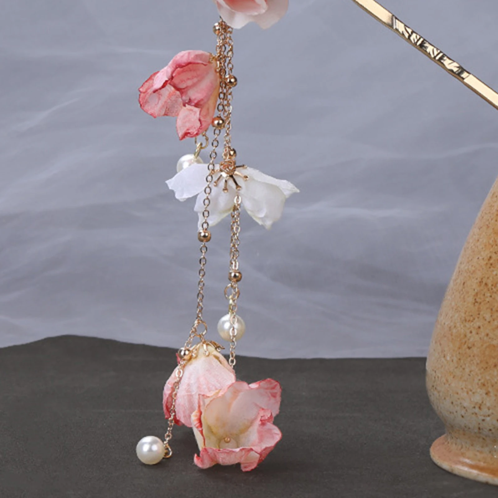 Vintage Silk Flower Hair Stick Headband Fringed Hairpin Chinese Style Hair Accessories Floral Headpiece for Women Hanfu Dress