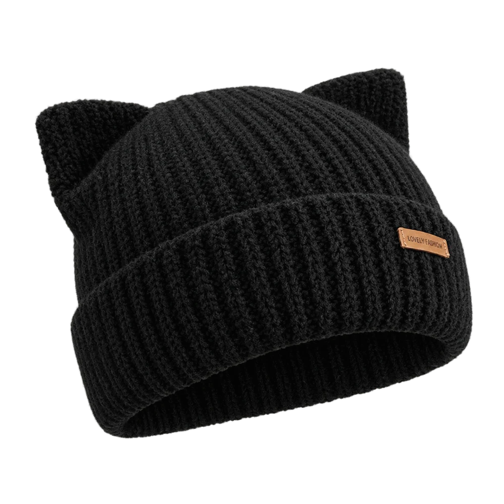 Kpop Style Solid Color Cat Ear Beanie Windproof Soft Warm Ribbed Knit Cap Cat Ear Beanie Cap Casual Streetwear