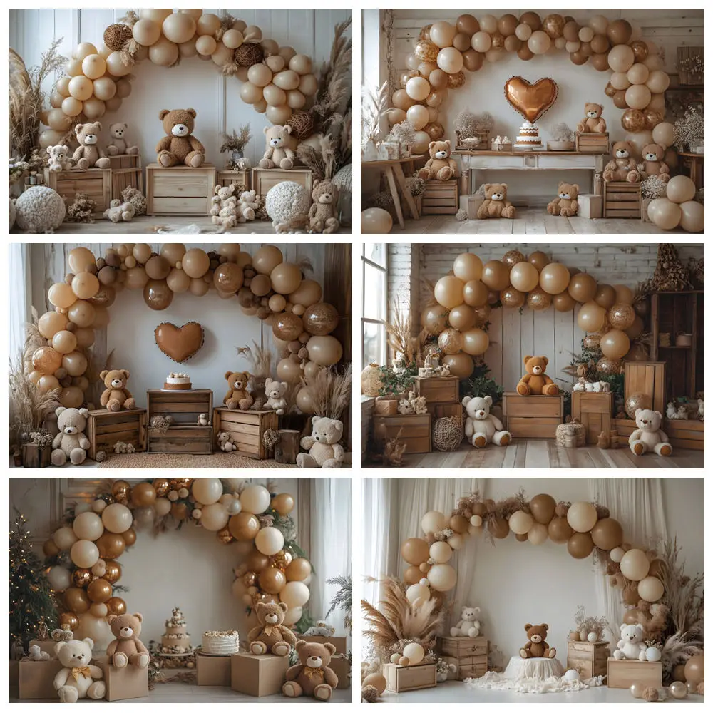 Baby 1st Birthday Backdrop Bohemian Pampas Toy Bear Brown Arch Balloon Kids Birthday Party Cake Smash Photography Background